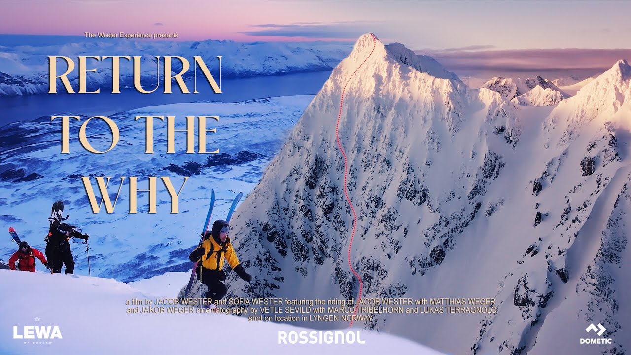 Return to the Why film poster: skiers climbing towards a steep peak in Lyngen