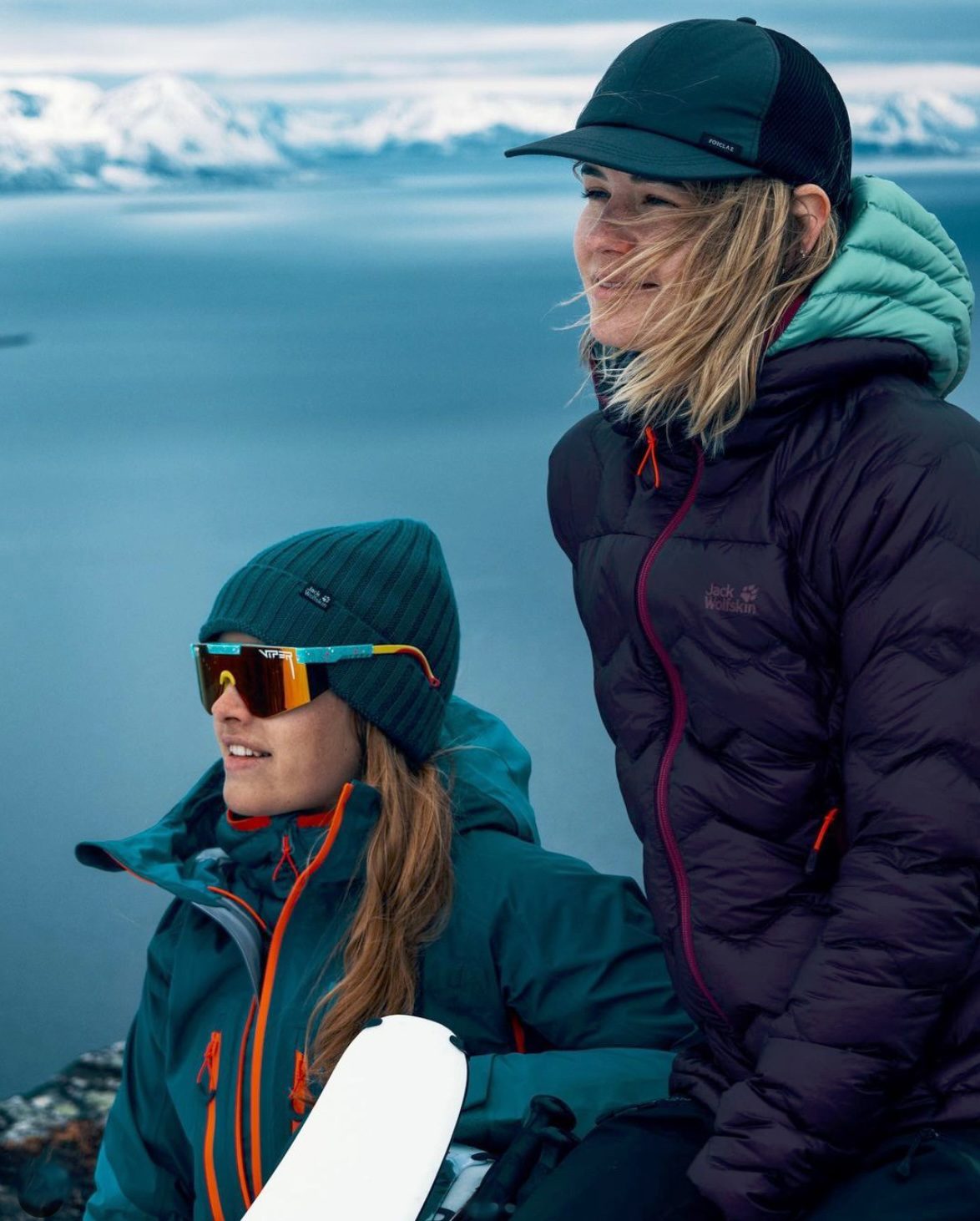 Two skiers looking out over a fjord